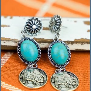 Turquoise Vtg insp Native Indian Nickel coin free spirit boho people earrings